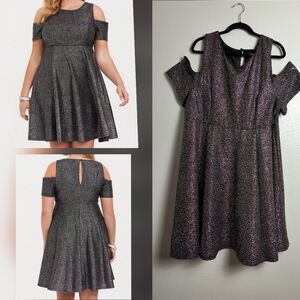 Torrid 3X Black Cold Shoulder Midi Skater Dress Embellished Champagne Metallic